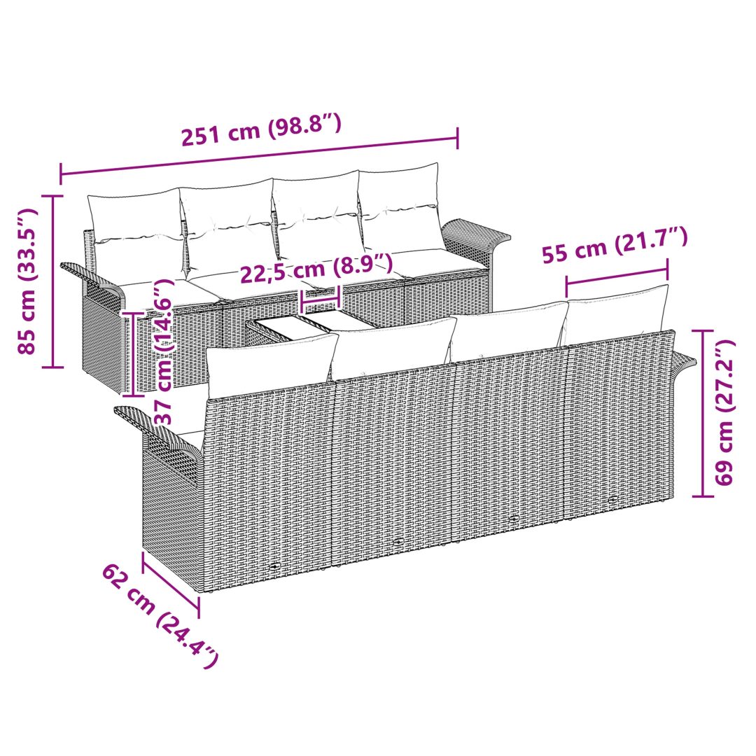 9-delars Trädgårdssoffset med Kuddar Brun Poly Rattan vidaXL 55 x 55 x 37 cm – bild 11