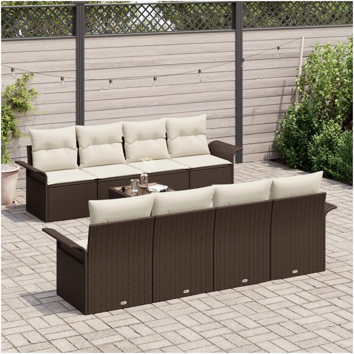 9-delars Trädgårdssoffset med Kuddar Brun Poly Rattan vidaXL 55 x 55 x 37 cm – bild 3