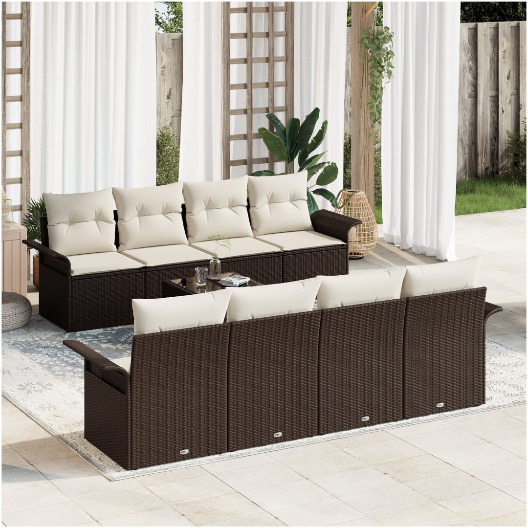 9-delars Trädgårdssoffset med Kuddar Brun Poly Rattan vidaXL 55 x 55 x 37 cm