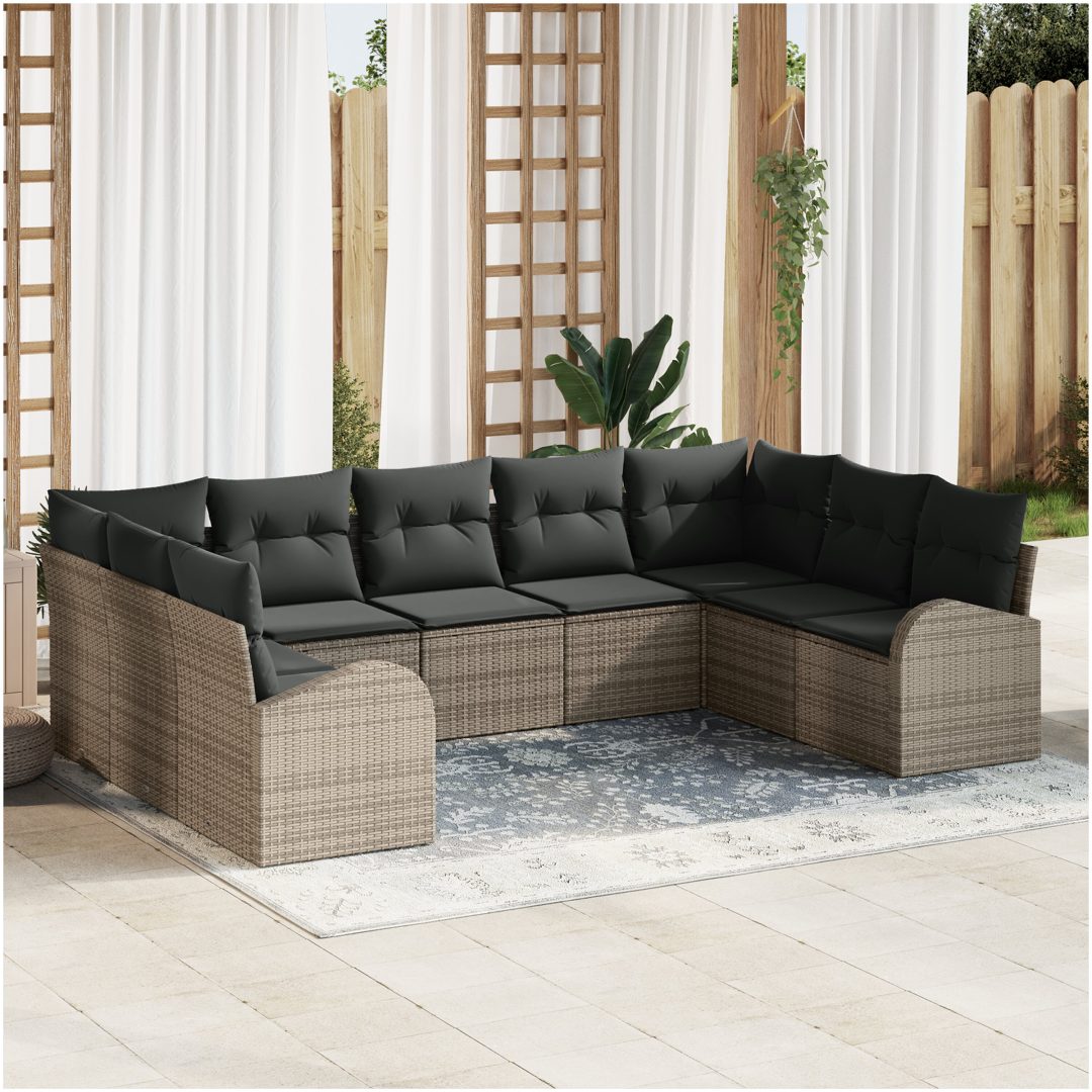 9 Delars Trädgårdssoffset med Kuddar Grå Poly Rattan vidaXL 289 x 179 x 85 cm