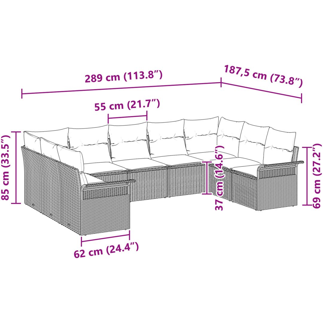 9-delars Trädgårdssoffset med kuddar Grå Poly-Rotting vidaXL 289 x 187.5 x 85 cm – bild 11