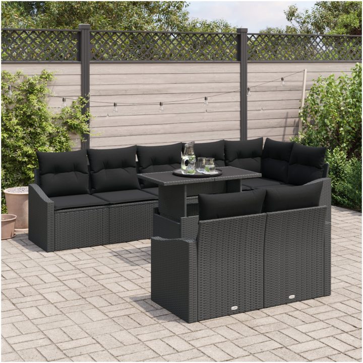 9-delars trädgårdssoffset med kuddar svart konstrotting vidaXL 100 x 55 x 73 cm – bild 3