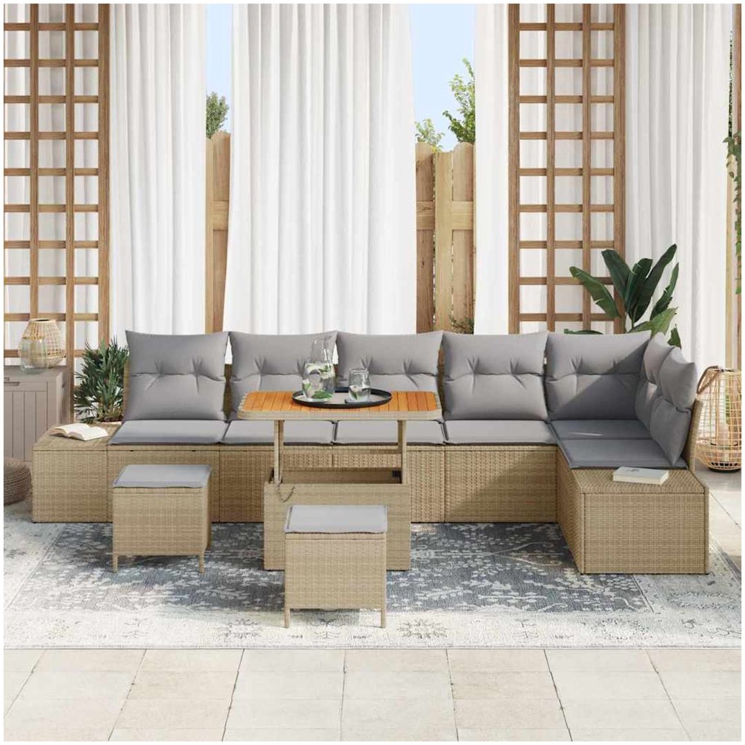 9 Delars Trädgårdsssofa Set Med Kuddar Beige Poly Rattan Akacia vidaXL Stor – bild 3