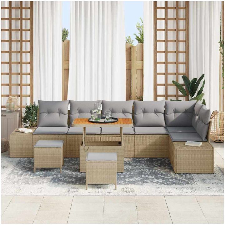 9 Delars Trädgårdsssofa Set Med Kuddar Beige Poly Rattan Akacia vidaXL Stor – bild 3