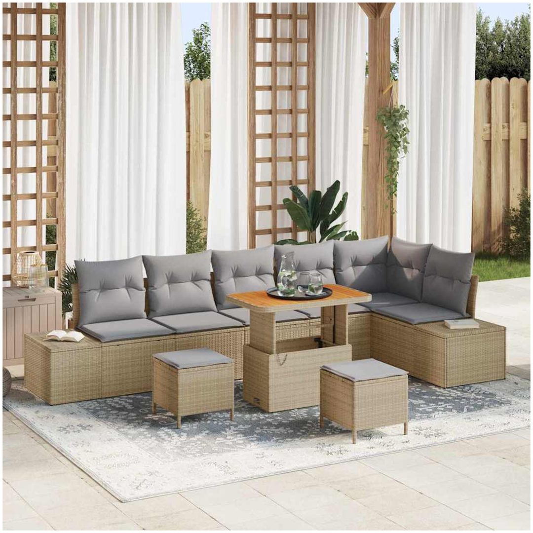 9 Delars Trädgårdsssofa Set Med Kuddar Beige Poly Rattan Akacia vidaXL Stor