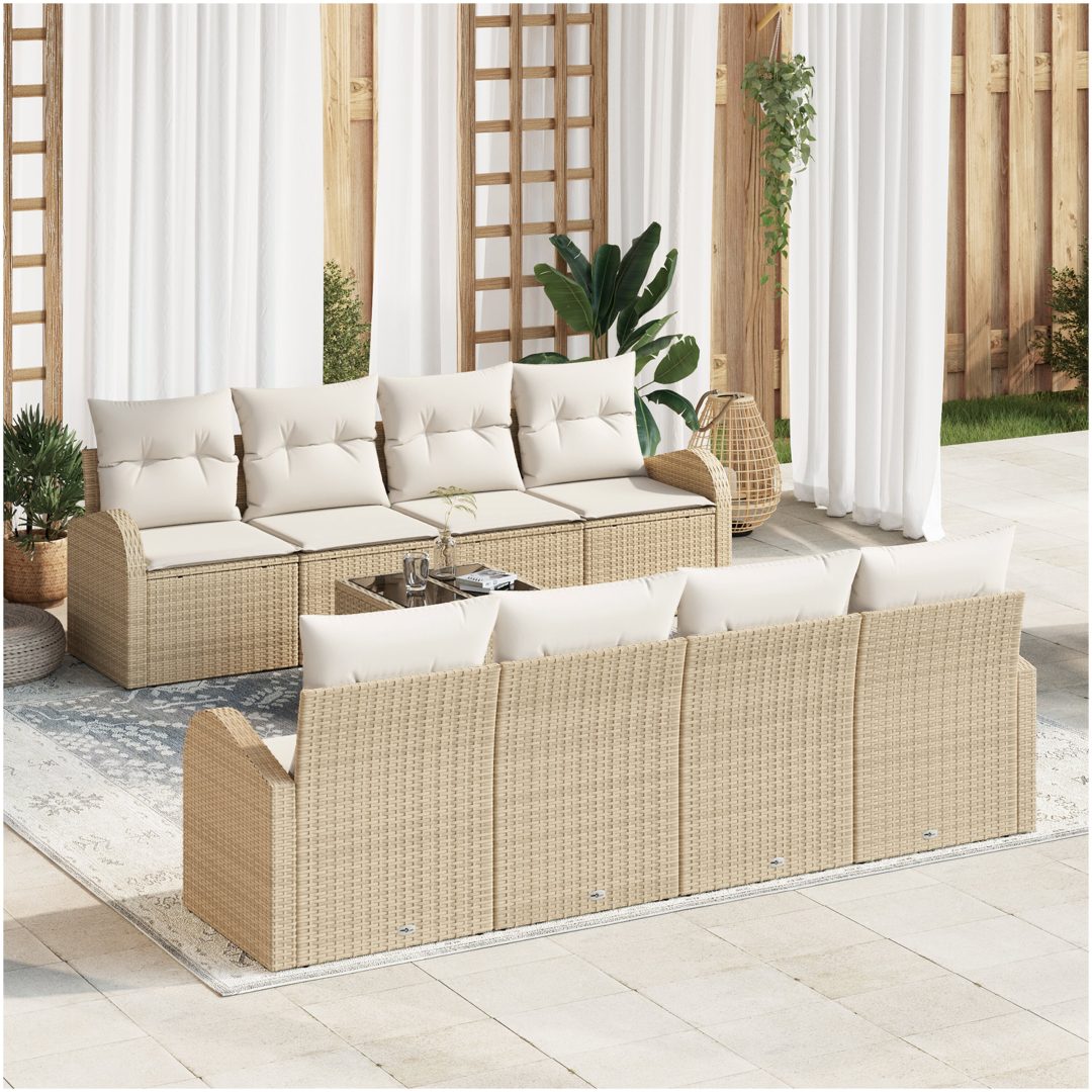 9-delars Trädgårdsssoffset med kuddar Beige Poly Rattan vidaXL 55 x 55 x 37 cm