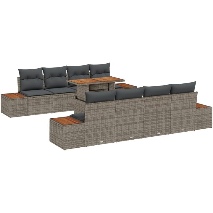 9-delars utemöbelset med dynor i grå poly-rattan och akacia vidaXL 100 x 55 x 73 cm – bild 2