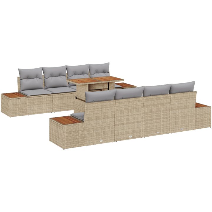 9-delars utemöbelset med kuddar i beige poly rattan och akacia vidaXL 100 x 55 x 73 cm – bild 2