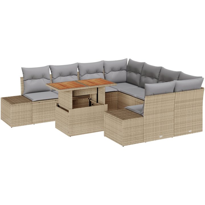 9-delars utemöbelset med kuddar i beige polyrotting och akacia vidaXL 100 x 55 x 73 cm – bild 2