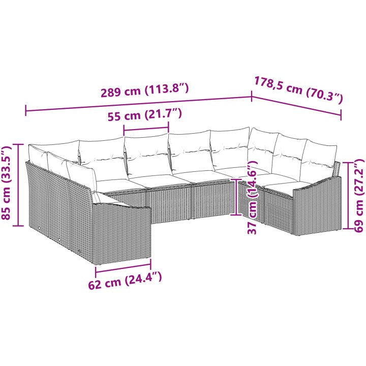 9-delars utemöbelset med kuddar i grå polyrotting vidaXL 289 x 178.5 x 85 cm – bild 12
