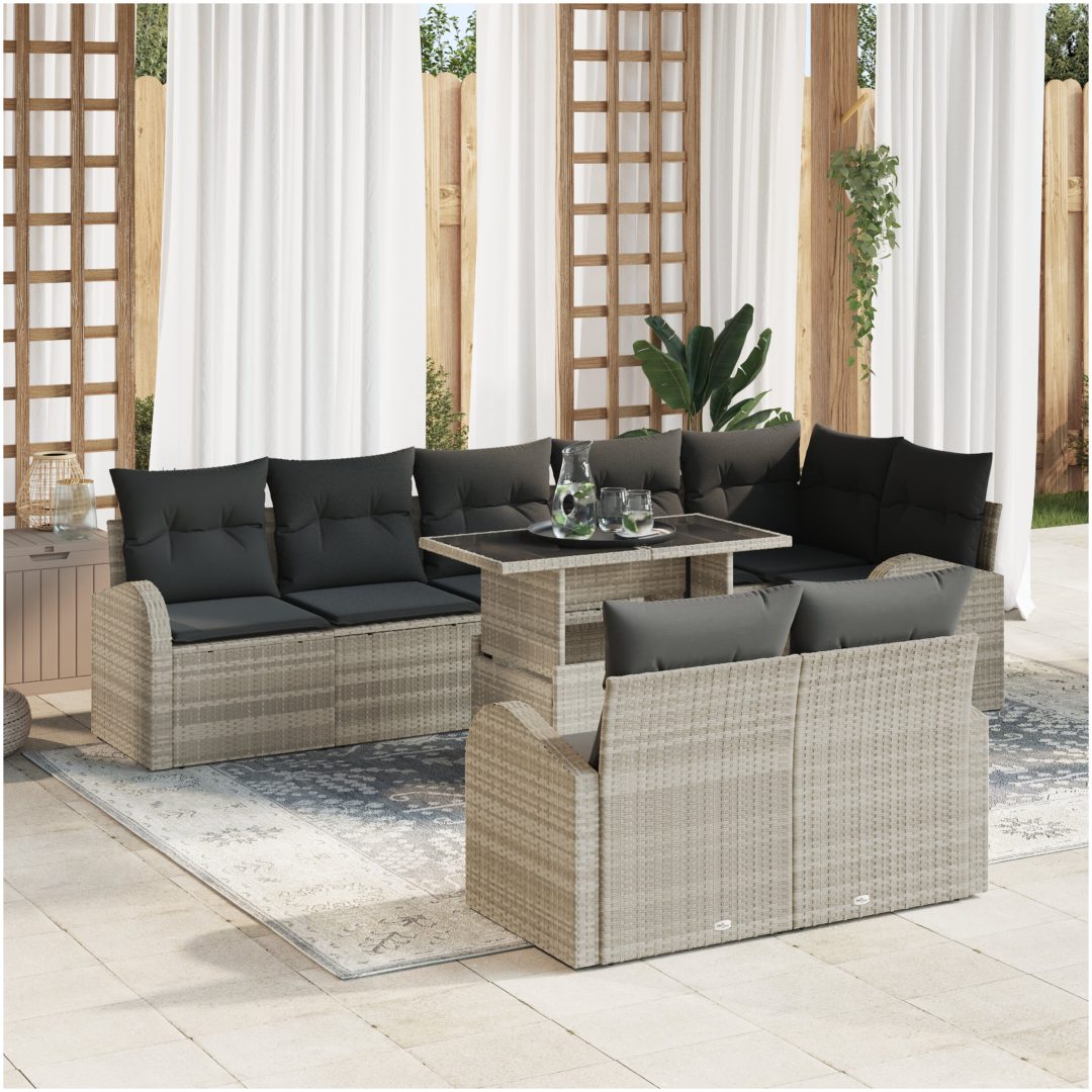 9-delars utemöbelset med kuddar i ljusgrå poly-rattan vidaXL 100 x 55 x 73 cm
