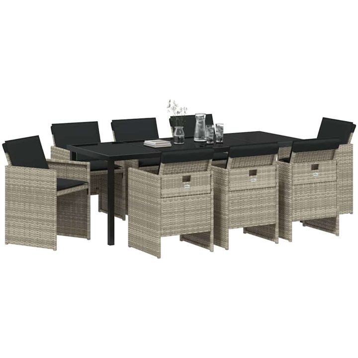 9-delars utemöbelset med kuddar, ljusgrå polyrotting vidaXL 200 x 80 x 73 cm – bild 3