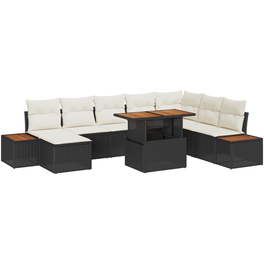 9-delars utemöbelset med kuddar, svart poly-rattan. vidaXL 100 x 55 x 73 cm – bild 2