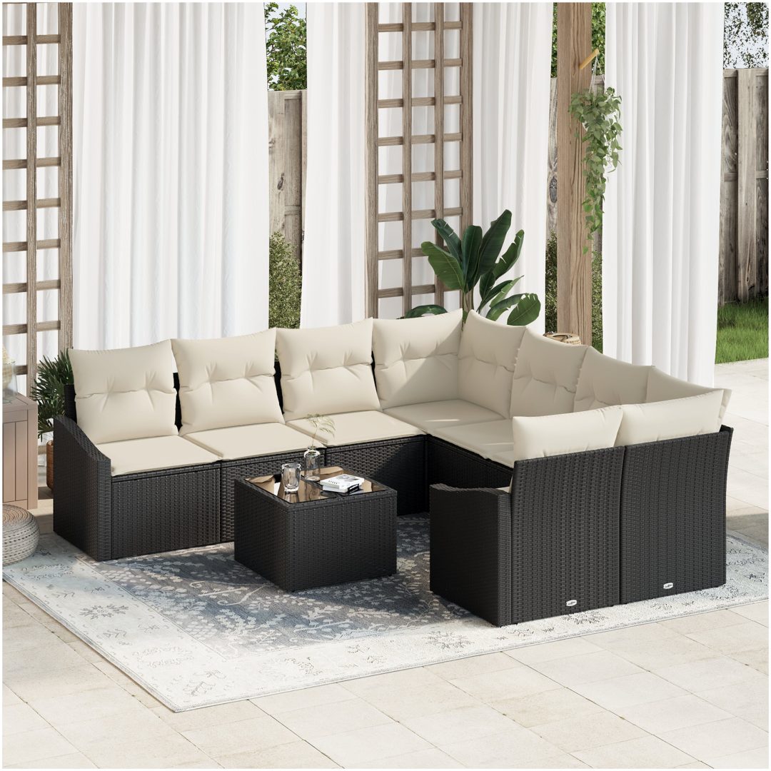 9-delars utemöbelset med kuddar svart polyrotting vidaXL 55 x 55 x 37 cm