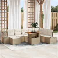 9-delars Uteplats Matgrupp med Kuddar - Beige Poly Rattan och Akacia vidaXL