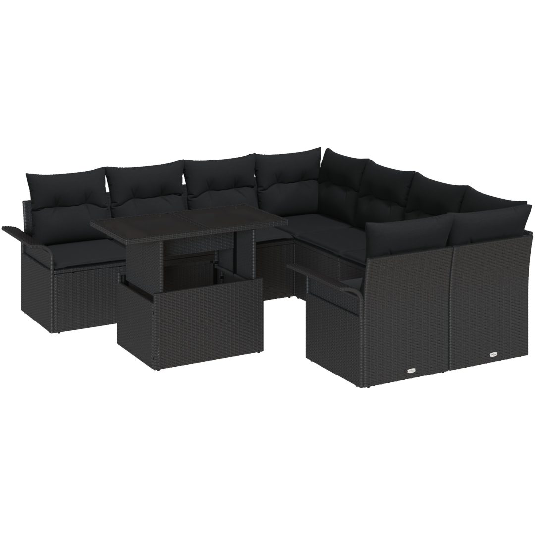 9-delars utesoffa-set med kuddar i svart polyrotting vidaXL 100 x 55 x 73 cm – bild 2