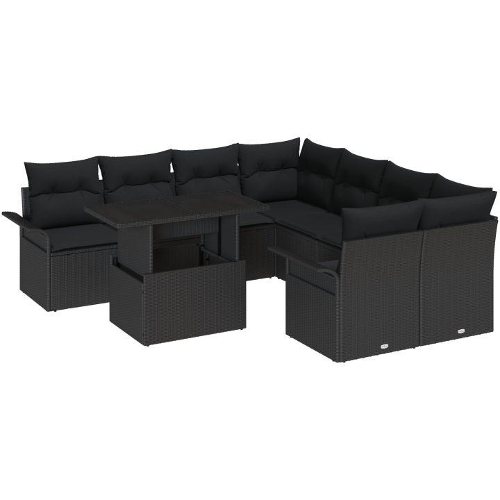 9-delars utesoffa-set med kuddar i svart polyrotting vidaXL 100 x 55 x 73 cm – bild 2