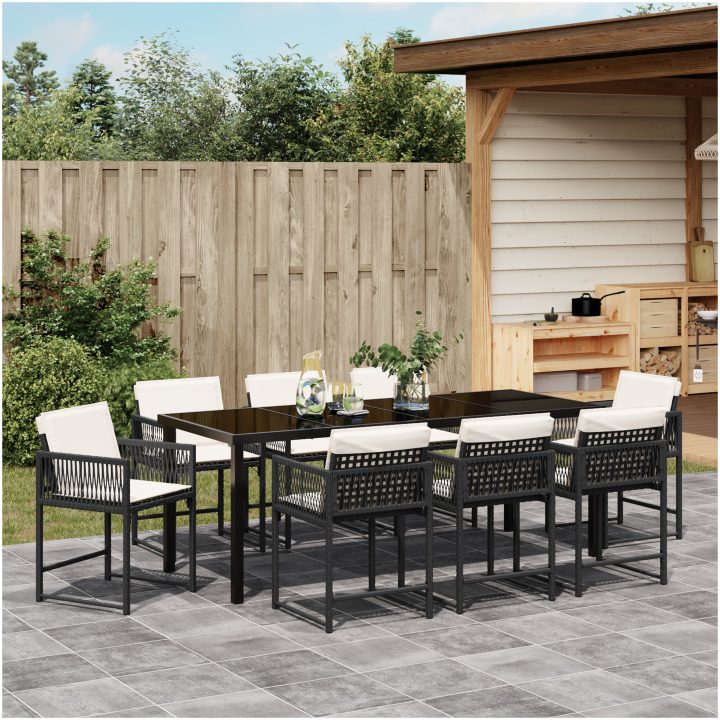 9-delat trädgårds matsalsset med dynor Svart Poly Rattan vidaXL 200 x 80 x 73 cm – bild 4
