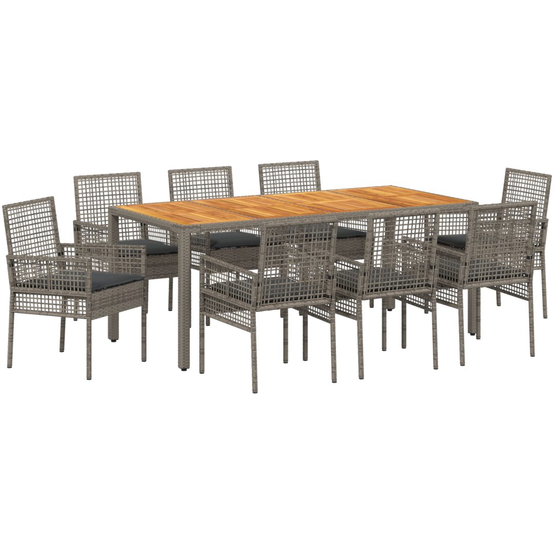 9-delat trädgårdsätbord med kuddar Grå Poly Rattan vidaXL 190 x 90 x 75 cm – bild 2