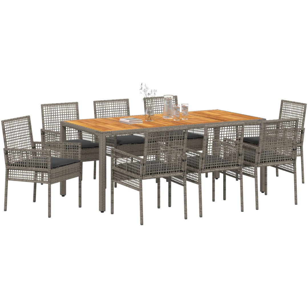 9-delat trädgårdsätbord med kuddar Grå Poly Rattan vidaXL 190 x 90 x 75 cm – bild 3