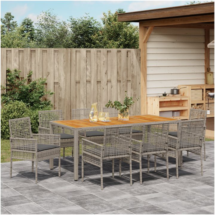 9-delat trädgårdsätbord med kuddar Grå Poly Rattan vidaXL 190 x 90 x 75 cm – bild 4