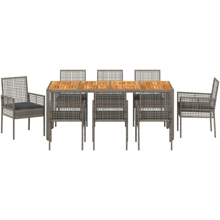 9-delat trädgårdsätbord med kuddar Grå Poly Rattan vidaXL 190 x 90 x 75 cm – bild 7