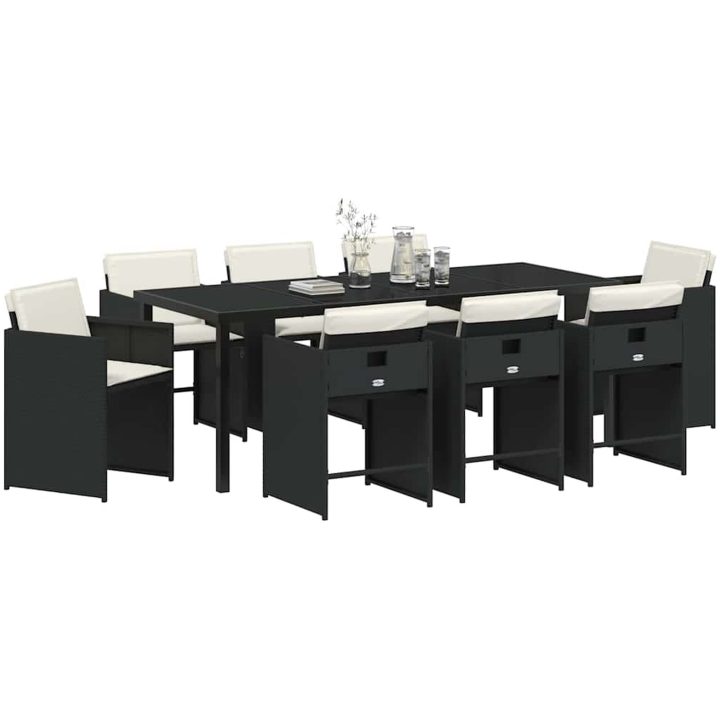 9-delat trädgårdsbord med kuddar svart poly rattan vidaXL 200 x 80 x 73 cm – bild 3