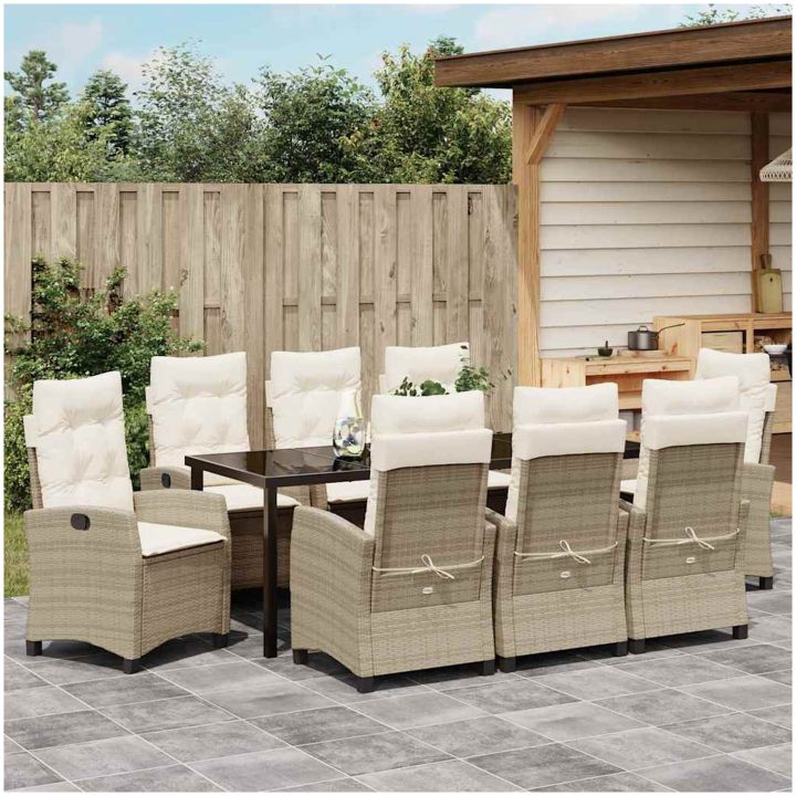 9-delat trädgårdsdining set med beige kuddar, tillverkat av poly-rattan. vidaXL Standard – bild 4