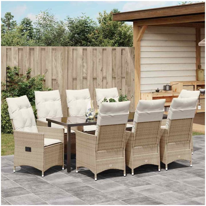 9-delat Trädgårdsdining Set Med Kuddar Beige Poly Rattan vidaXL 200 x 80 x 73 cm – bild 4