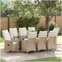 9-delat Trädgårdsdining Set Med Kuddar Beige Poly Rattan vidaXL