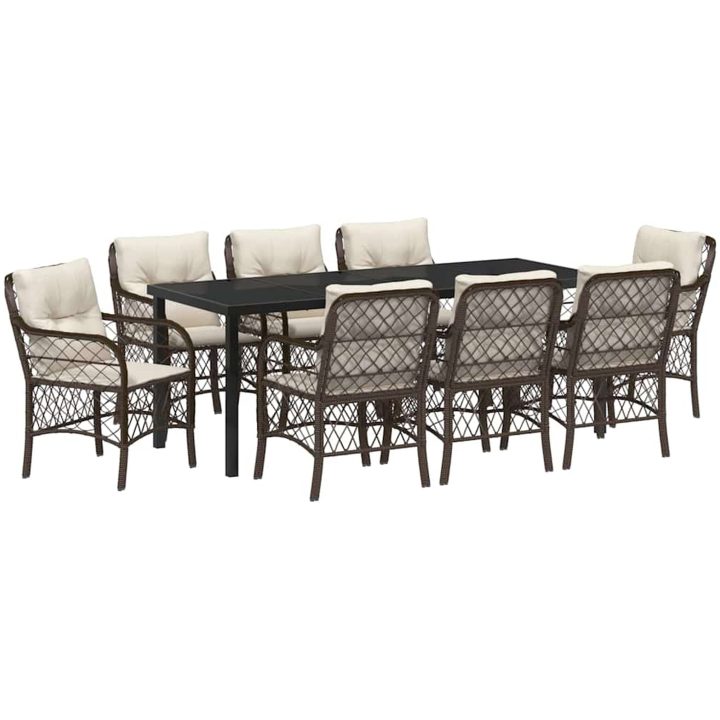 9-delat trädgårdsdining-set med kuddar, brun poly rattan vidaXL 200 x 80 x 73 cm – bild 2