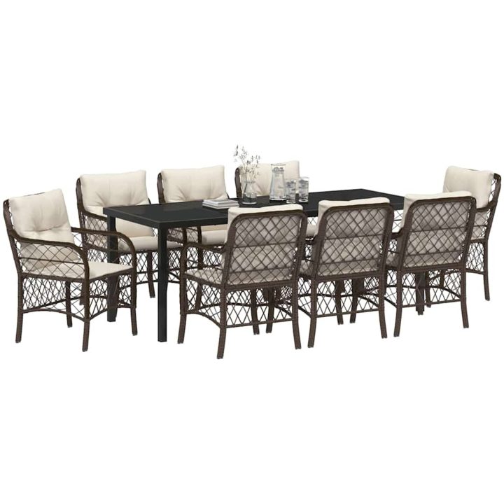 9-delat trädgårdsdining-set med kuddar, brun poly rattan vidaXL 200 x 80 x 73 cm – bild 3