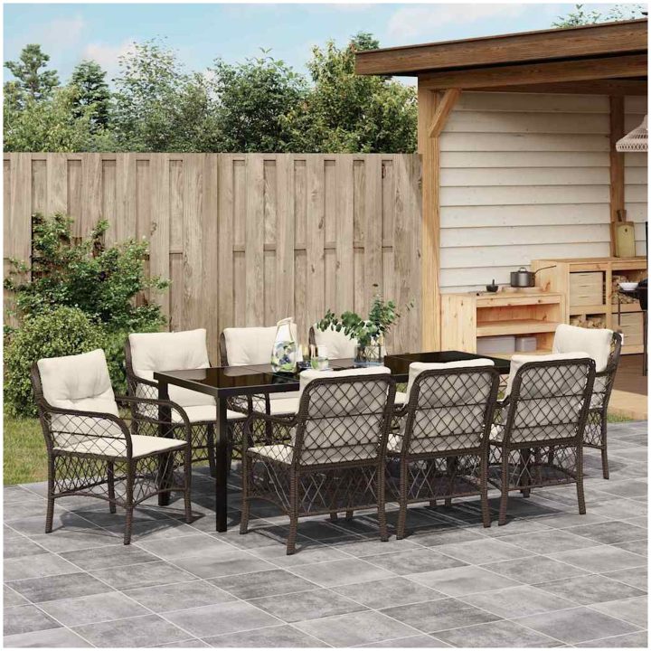 9-delat trädgårdsdining-set med kuddar, brun poly rattan vidaXL 200 x 80 x 73 cm – bild 4