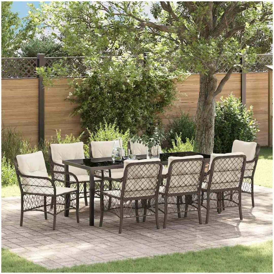 9-delat trädgårdsdining-set med kuddar, brun poly rattan vidaXL 200 x 80 x 73 cm