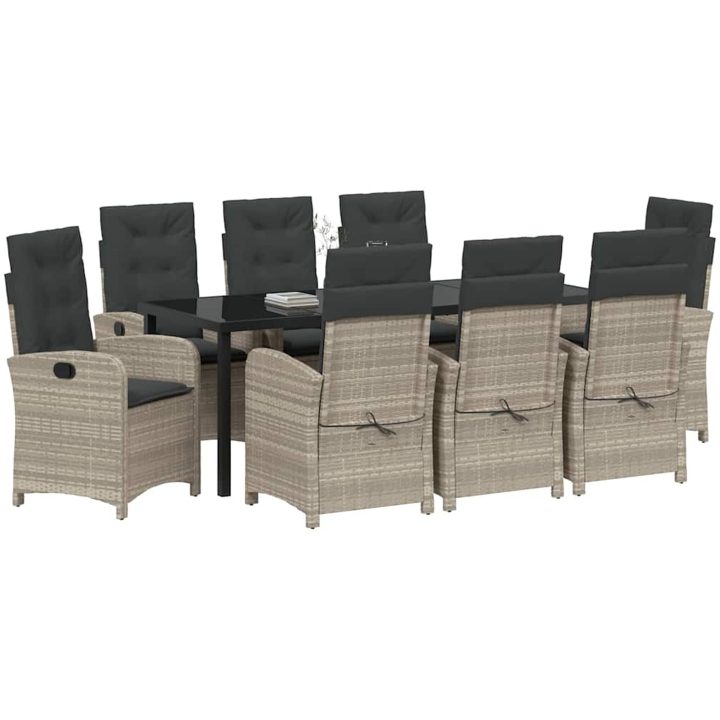 9-delat Trädgårdsdining Set med Kuddar Ljusgrå Poly Rattan vidaXL 200 x 80 x 73 cm – bild 3