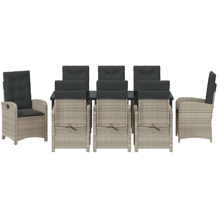 9-delat Trädgårdsdining Set med Kuddar Ljusgrå Poly Rattan vidaXL 200 x 80 x 73 cm – bild 6
