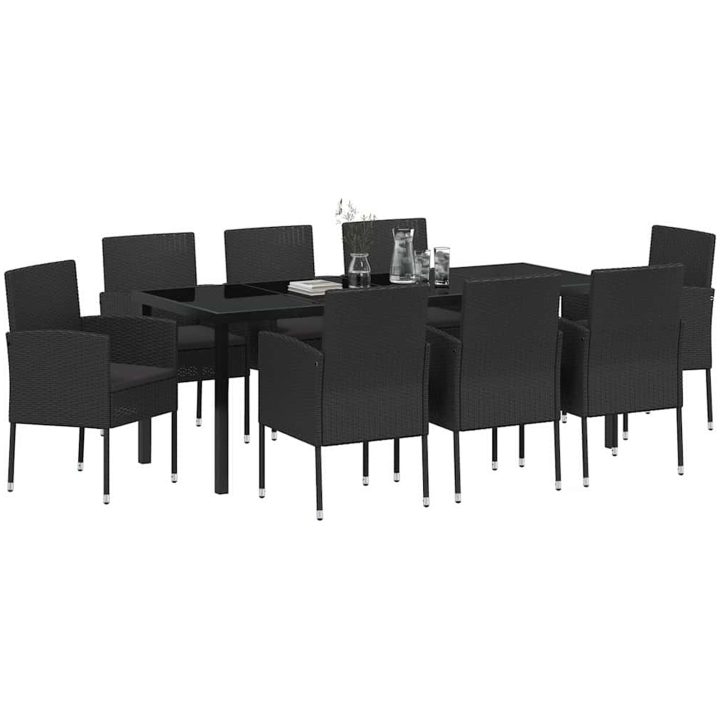 9-delat trädgårdsdining-set med kuddar, svart poly-rattan vidaXL 200 x 80 x 73 cm – bild 3