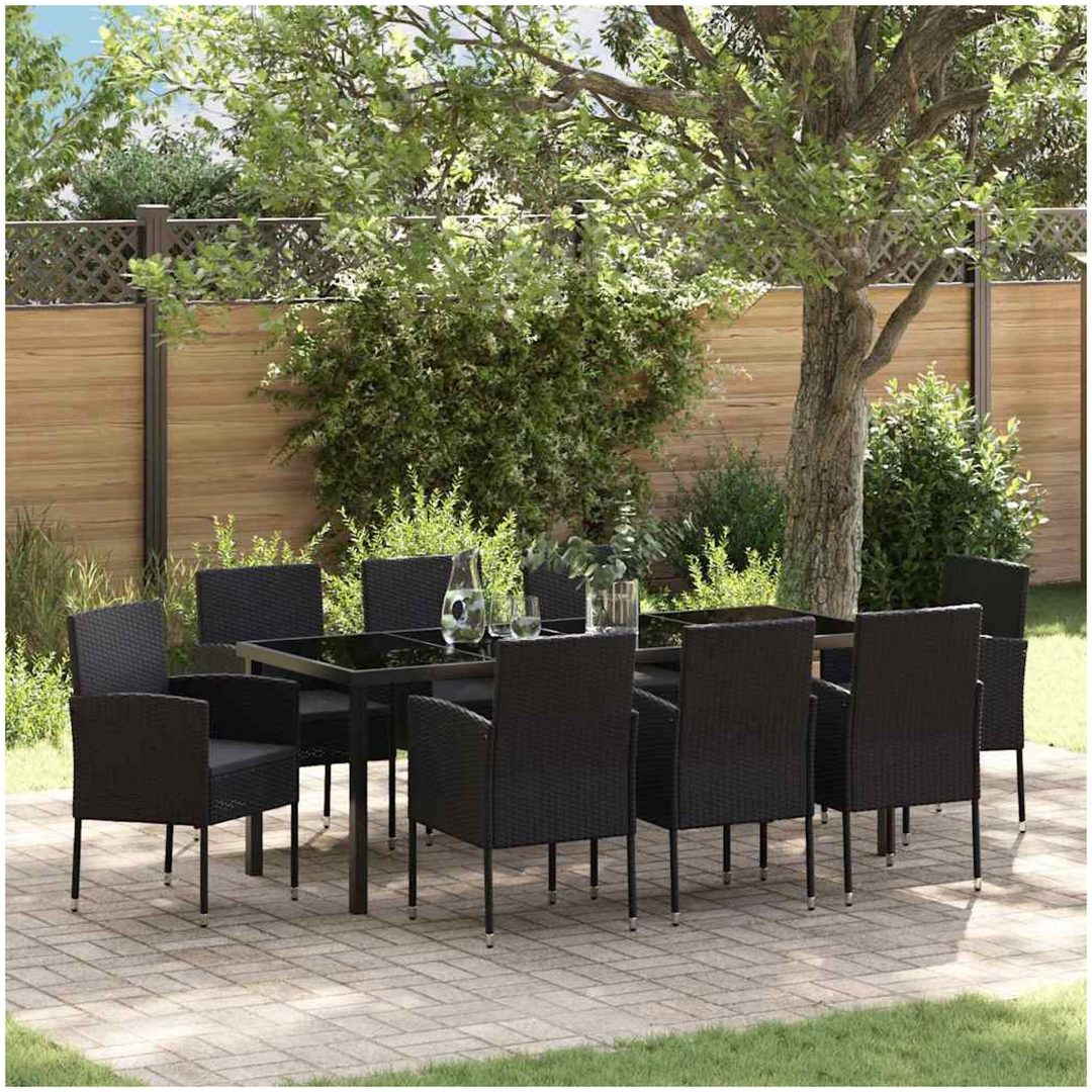 9-delat trädgårdsdining-set med kuddar, svart poly-rattan vidaXL 200 x 80 x 73 cm