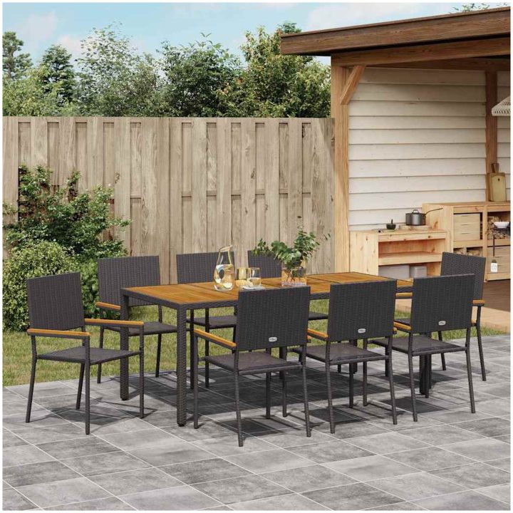 9-delat trädgårdsdining set svart konstrotting vidaXL 8 - Sits – bild 4