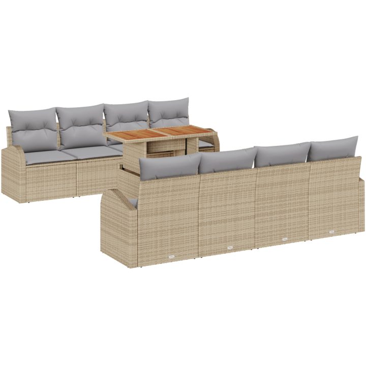 9-delat trädgårdsmatsalsset med kuddar Beige Poly Rattan Akacia vidaXL 100 x 55 x 73 cm – bild 2