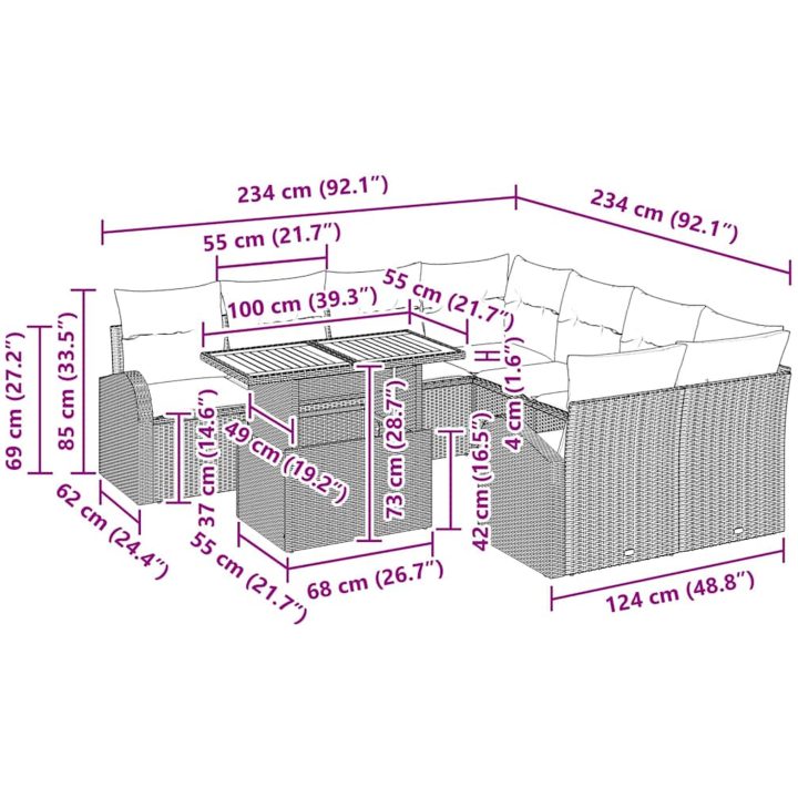 9-delat trädgårdsmatsalsset med kuddar i svart poly rotting vidaXL 100 x 55 x 73 cm – bild 11