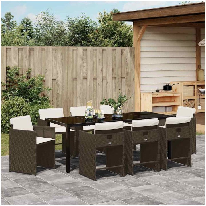 9-delat trädgårdsmatsset med kuddar - Brun poly rattan vidaXL 200 x 80 x 73 cm – bild 4