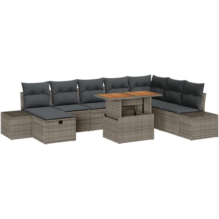 9-delat trädgårdsmöbelset med kuddar i grå poly rattan och akacia vidaXL 100 x 55 x 73 cm – bild 2