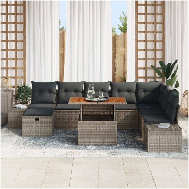 9-delat trädgårdsmöbelset med kuddar i grå poly rattan och akacia vidaXL 100 x 55 x 73 cm – bild 3
