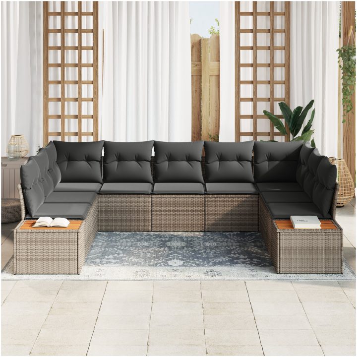 9-delat Trädgårdsmöbelset med Kuddar i Grå Poly-Rotting och Akacia. vidaXL 289 x 209 x 69 cm – bild 3