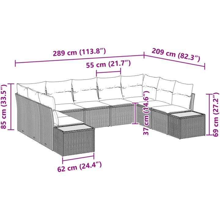 9-delat Trädgårdsmöbelset med Kuddar i Grå Poly-Rotting och Akacia. vidaXL 289 x 209 x 69 cm – bild 8