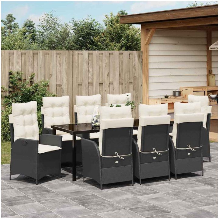 9-delat trädgårdsmöbelset med kuddar, svart poly rattan. vidaXL 200 x 80 x 73 cm – bild 4