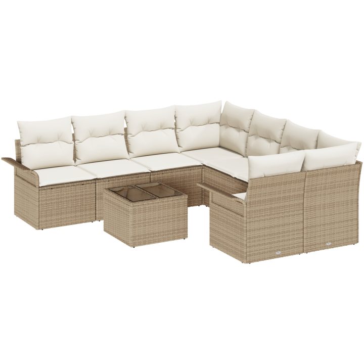 9-delat trädgårdsofa-set med kuddar beige poly rattan vidaXL Stort – bild 2