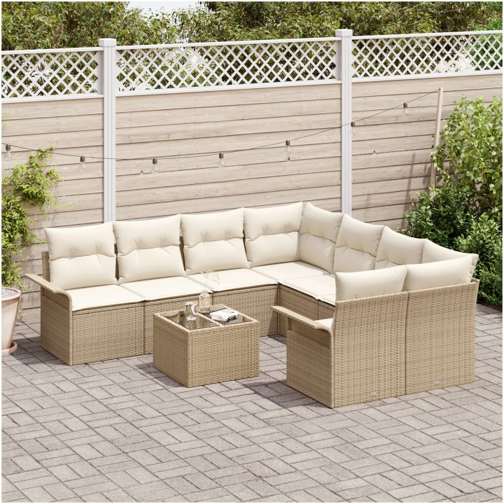 9-delat trädgårdsofa-set med kuddar beige poly rattan vidaXL Stort – bild 3