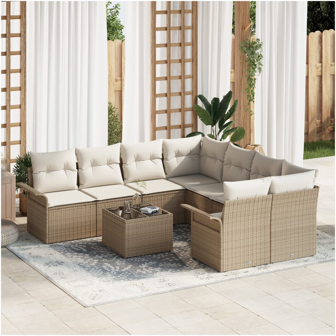9-delat trädgårdsofa-set med kuddar beige poly rattan vidaXL Stort